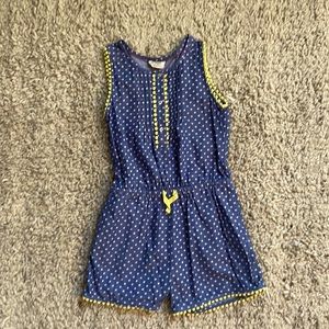 Mini Boden romper, blue with white polka dots and yellow trim detail, size 7-8
